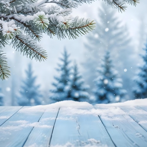 A Snowy Fir Branch On A Blue Wooden Table With A Blurred Background Of A Winter Forest And Falling Snow 40 0e6d