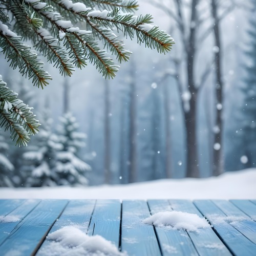 A Snowy Fir Branch On A Blue Wooden Table With A Blurred Background Of A Winter Forest And Falling Snow 42 7e42