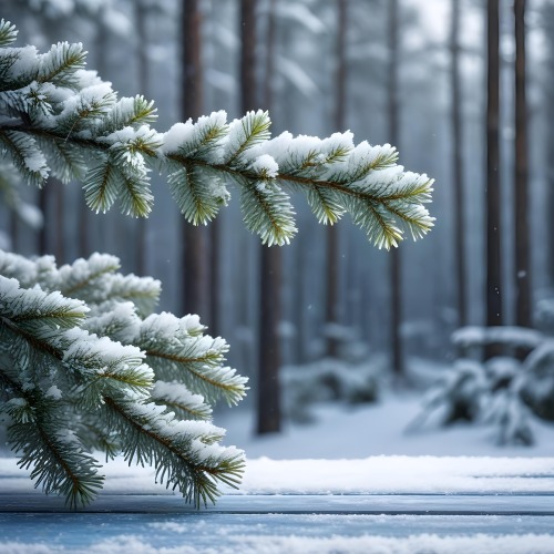 A Snowy Fir Branch On A Blue Wooden Table With A Blurred Background Of A Winter Forest And Falling Snow 44 D576