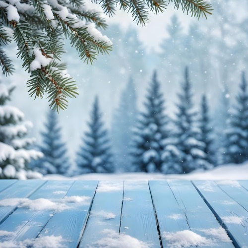 A Snowy Fir Branch On A Blue Wooden Table With A Blurred Background Of A Winter Forest And Falling Snow 5 E782