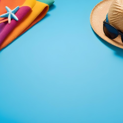 A Starfish On A Colorful Towel Next To A Straw Hat And Sunglasses On A Blue Background 1 E8db
