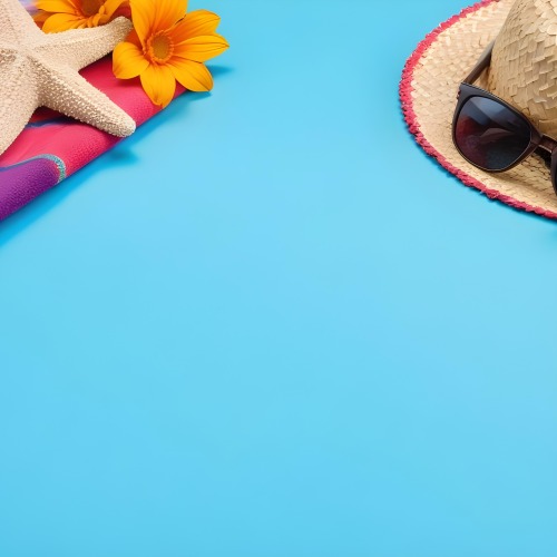 A Starfish On A Colorful Towel Next To A Straw Hat And Sunglasses On A Blue Background 10 D326