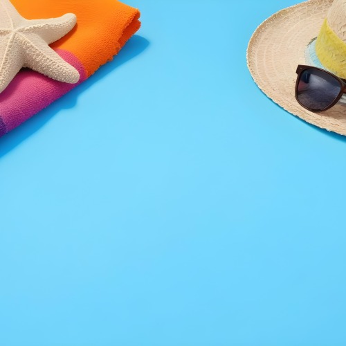 A Starfish On A Colorful Towel Next To A Straw Hat And Sunglasses On A Blue Background 12 F3ad