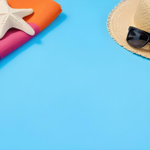A Starfish On A Colorful Towel Next To A Straw Hat And Sunglasses On A Blue Background 13 31e8