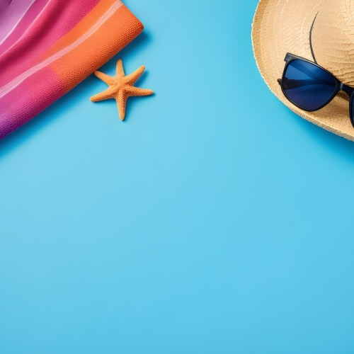 A Starfish On A Colorful Towel Next To A Straw Hat And Sunglasses On A Blue Background 14 404a