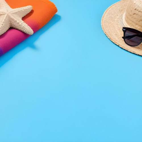 A Starfish On A Colorful Towel Next To A Straw Hat And Sunglasses On A Blue Background 18 4b72