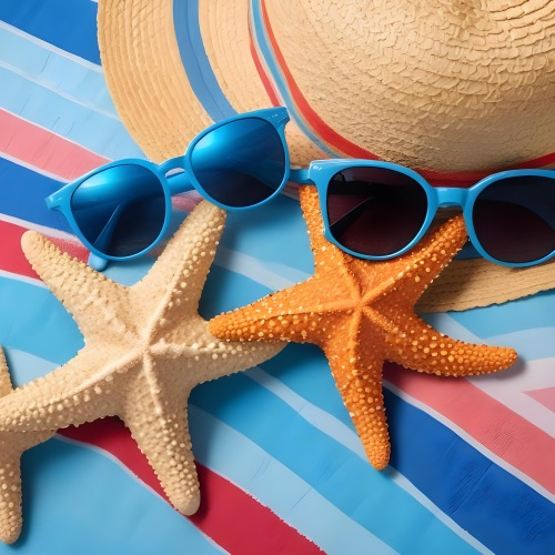 A Starfish On A Colorful Towel Next To A Straw Hat And Sunglasses On A Blue Background 2 2ee4