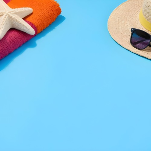 A Starfish On A Colorful Towel Next To A Straw Hat And Sunglasses On A Blue Background 20 C2d3