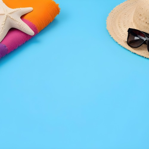A Starfish On A Colorful Towel Next To A Straw Hat And Sunglasses On A Blue Background 3 7617