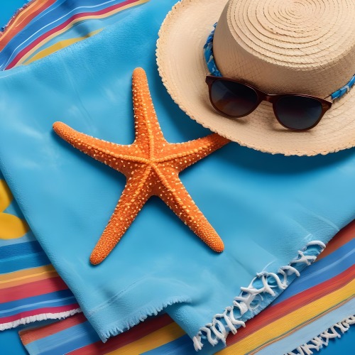 A Starfish On A Colorful Towel Next To A Straw Hat And Sunglasses On A Blue Background 4 01ae