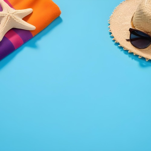 A Starfish On A Colorful Towel Next To A Straw Hat And Sunglasses On A Blue Background 7 E2c0