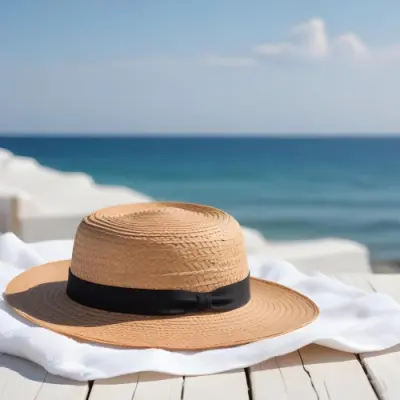 A Straw Hat And A White Towel On A White Wooden Table With A Blurred Background Of The Sea And The Sky 13 4e59