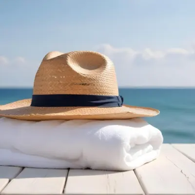 A Straw Hat And A White Towel On A White Wooden Table With A Blurred Background Of The Sea And The Sky 5 9293
