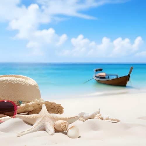 A Straw Hat Sunglasses A Starfish And A Shell On The Beach In A Tropical Beach With A Boat In The Background 1 96d0