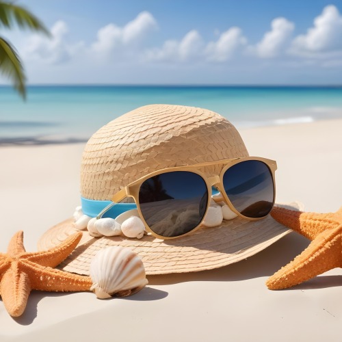 A Straw Hat Sunglasses A Starfish And A Shell On The Beach In A Tropical Beach With A Boat In The Background 10 Cb86