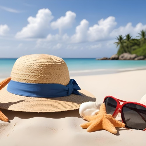 A Straw Hat Sunglasses A Starfish And A Shell On The Beach In A Tropical Beach With A Boat In The Background 11 178c