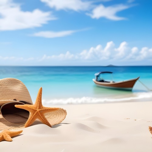 A Straw Hat Sunglasses A Starfish And A Shell On The Beach In A Tropical Beach With A Boat In The Background 12 4699