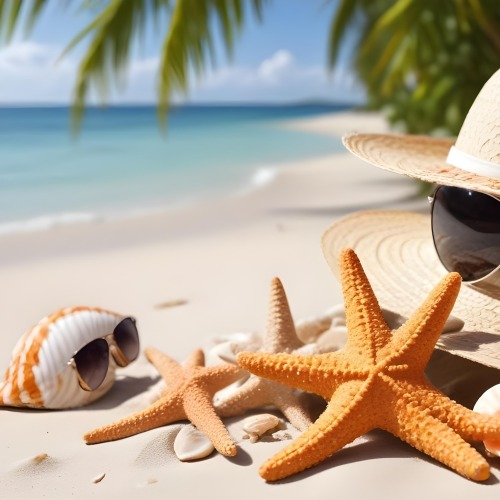 A Straw Hat Sunglasses A Starfish And A Shell On The Beach In A Tropical Beach With A Boat In The Background 13 1122