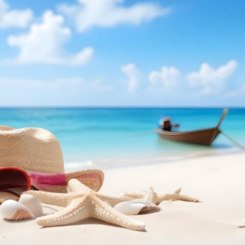 A Straw Hat Sunglasses A Starfish And A Shell On The Beach In A Tropical Beach With A Boat In The Background 2 291a