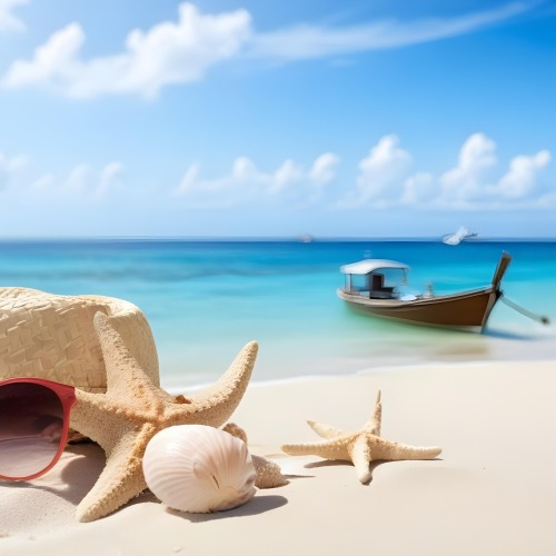 A Straw Hat Sunglasses A Starfish And A Shell On The Beach In A Tropical Beach With A Boat In The Background 3 8556