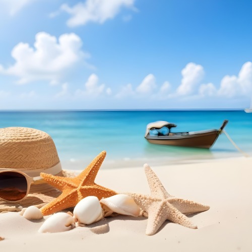 A Straw Hat Sunglasses A Starfish And A Shell On The Beach In A Tropical Beach With A Boat In The Background 4 7d3c