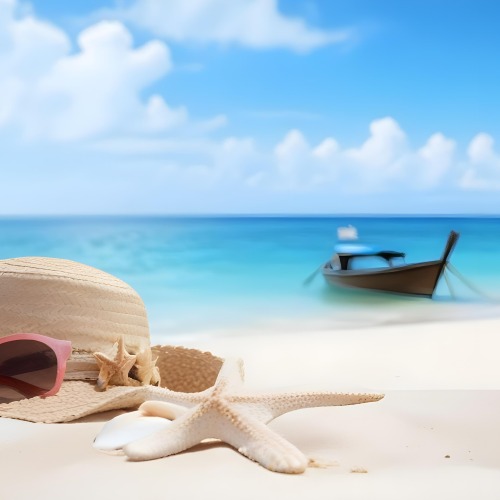 A Straw Hat Sunglasses A Starfish And A Shell On The Beach In A Tropical Beach With A Boat In The Background 5 2b19