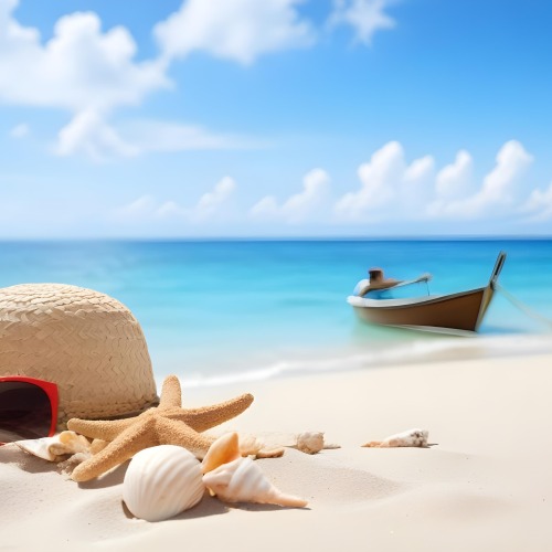 A Straw Hat Sunglasses A Starfish And A Shell On The Beach In A Tropical Beach With A Boat In The Background 6 3a7d