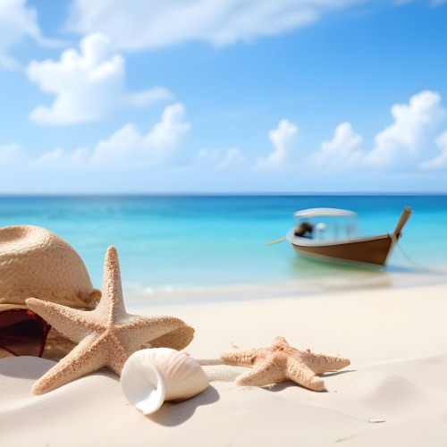 A Straw Hat Sunglasses A Starfish And A Shell On The Beach In A Tropical Beach With A Boat In The Background 7 D2cb
