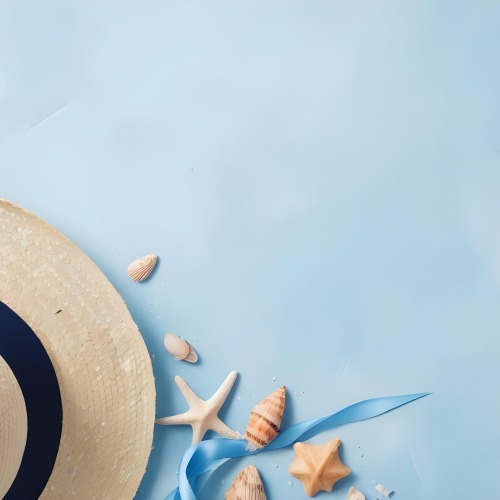 A Straw Hat With A Blue Ribbon Seashells And A Starfish On A Light Blue Textured Background Summer Vacation Concept Beach Theme Top View 10 D1ba