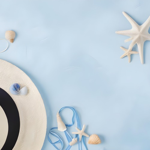 A Straw Hat With A Blue Ribbon Seashells And A Starfish On A Light Blue Textured Background Summer Vacation Concept Beach Theme Top View 11 44c1