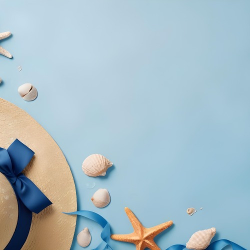 A Straw Hat With A Blue Ribbon Seashells And A Starfish On A Light Blue Textured Background Summer Vacation Concept Beach Theme Top View 11 C23b