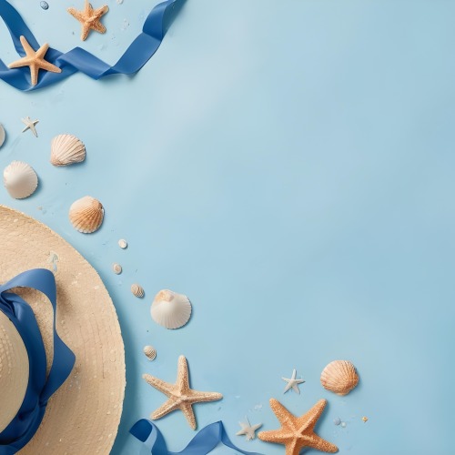 A Straw Hat With A Blue Ribbon Seashells And A Starfish On A Light Blue Textured Background Summer Vacation Concept Beach Theme Top View 12 90f1