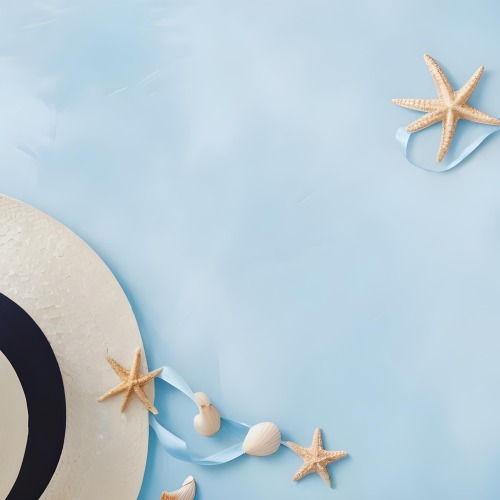 A Straw Hat With A Blue Ribbon Seashells And A Starfish On A Light Blue Textured Background Summer Vacation Concept Beach Theme Top View 12 F15c