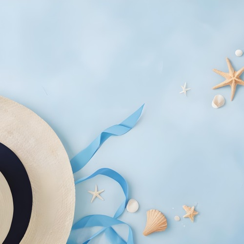 A Straw Hat With A Blue Ribbon Seashells And A Starfish On A Light Blue Textured Background Summer Vacation Concept Beach Theme Top View 14 85dc