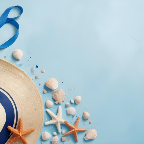 A Straw Hat With A Blue Ribbon Seashells And A Starfish On A Light Blue Textured Background Summer Vacation Concept Beach Theme Top View 14 Ba60
