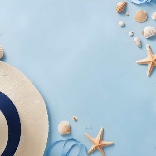 A Straw Hat With A Blue Ribbon Seashells And A Starfish On A Light Blue Textured Background Summer Vacation Concept Beach Theme Top View 15 7b8e