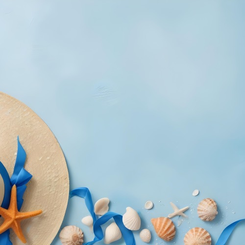 A Straw Hat With A Blue Ribbon Seashells And A Starfish On A Light Blue Textured Background Summer Vacation Concept Beach Theme Top View 15 9ad4