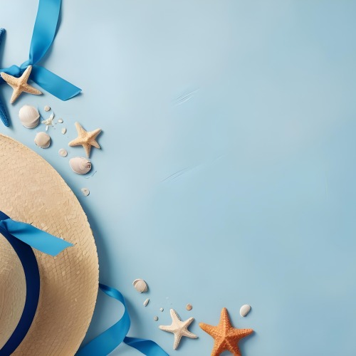 A Straw Hat With A Blue Ribbon Seashells And A Starfish On A Light Blue Textured Background Summer Vacation Concept Beach Theme Top View 16 193f