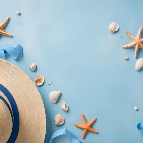 A Straw Hat With A Blue Ribbon Seashells And A Starfish On A Light Blue Textured Background Summer Vacation Concept Beach Theme Top View 16 5f76