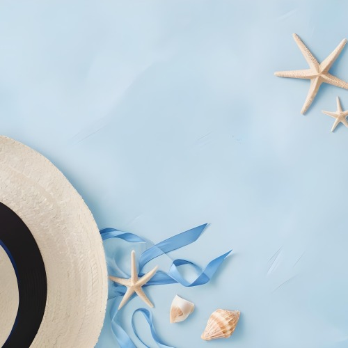 A Straw Hat With A Blue Ribbon Seashells And A Starfish On A Light Blue Textured Background Summer Vacation Concept Beach Theme Top View 17 8729