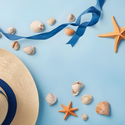 A Straw Hat With A Blue Ribbon Seashells And A Starfish On A Light Blue Textured Background Summer Vacation Concept Beach Theme Top View 18 7c1a