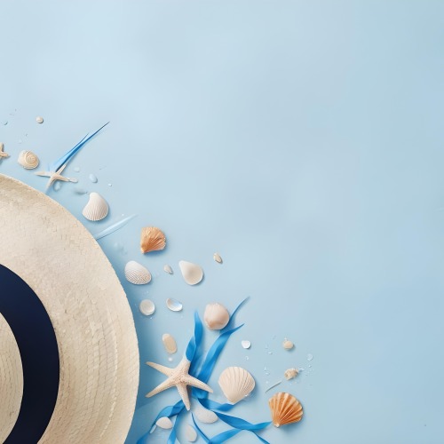 A Straw Hat With A Blue Ribbon Seashells And A Starfish On A Light Blue Textured Background Summer Vacation Concept Beach Theme Top View 19 8b1c