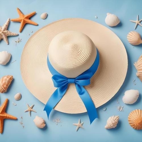 A Straw Hat With A Blue Ribbon Seashells And A Starfish On A Light Blue Textured Background Summer Vacation Concept Beach Theme Top View 19 C732