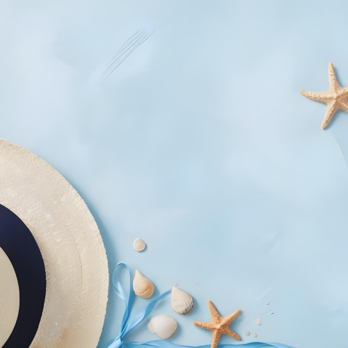 A Straw Hat With A Blue Ribbon Seashells And A Starfish On A Light Blue Textured Background Summer Vacation Concept Beach Theme Top View 2 03bc
