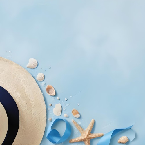 A Straw Hat With A Blue Ribbon Seashells And A Starfish On A Light Blue Textured Background Summer Vacation Concept Beach Theme Top View 2 5774