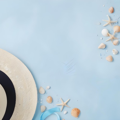 A Straw Hat With A Blue Ribbon Seashells And A Starfish On A Light Blue Textured Background Summer Vacation Concept Beach Theme Top View 20 29e9