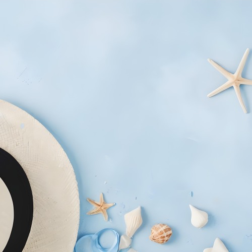 A Straw Hat With A Blue Ribbon Seashells And A Starfish On A Light Blue Textured Background Summer Vacation Concept Beach Theme Top View 23 C555