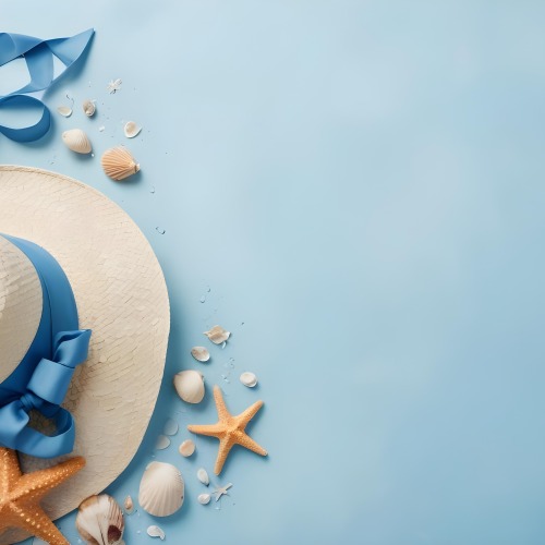 A Straw Hat With A Blue Ribbon Seashells And A Starfish On A Light Blue Textured Background Summer Vacation Concept Beach Theme Top View 23 E42b