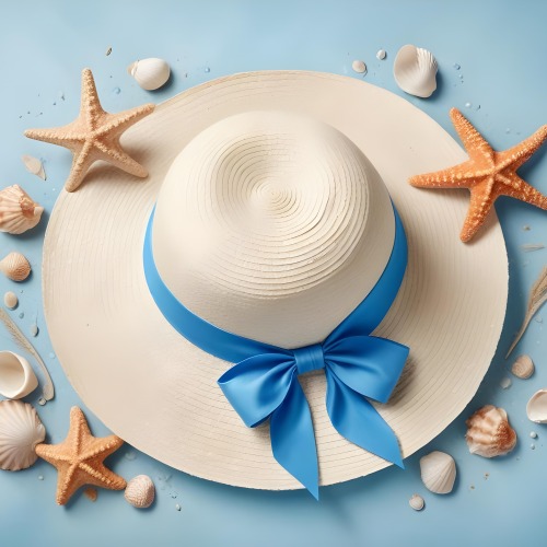A Straw Hat With A Blue Ribbon Seashells And A Starfish On A Light Blue Textured Background Summer Vacation Concept Beach Theme Top View 24 3065