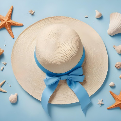 A Straw Hat With A Blue Ribbon Seashells And A Starfish On A Light Blue Textured Background Summer Vacation Concept Beach Theme Top View 26 9398